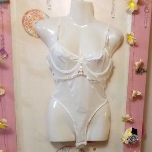 White (S) Sexy Strappy Accent Sheer inset Thong Back Teddy Lingerie Bodysuit